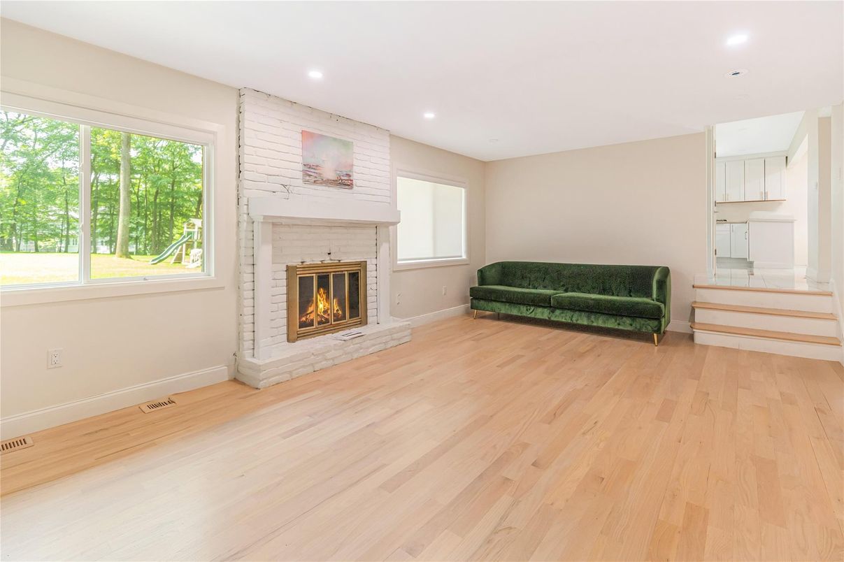 Fireplace, Interior, Recessed Lighting, Wood Texture Flooring