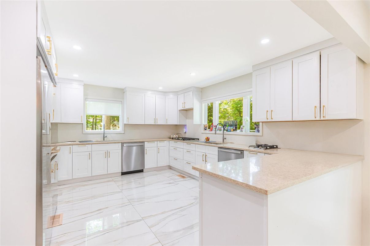 Interior, Kitchen, Marble, Recessed Lighting, Stainless Steel Appliances