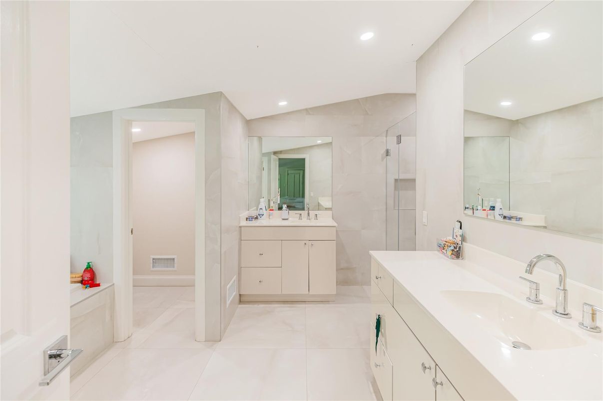 Bathroom, Dual Sink Vanities, Glass Shower, Interior, Recessed Lighting
