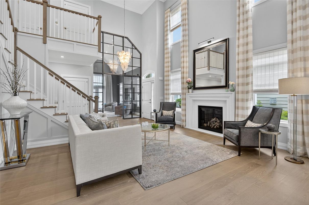 Fireplace, Interior, Living room, Pendant Lights, Recessed Lighting, Wood Texture Flooring