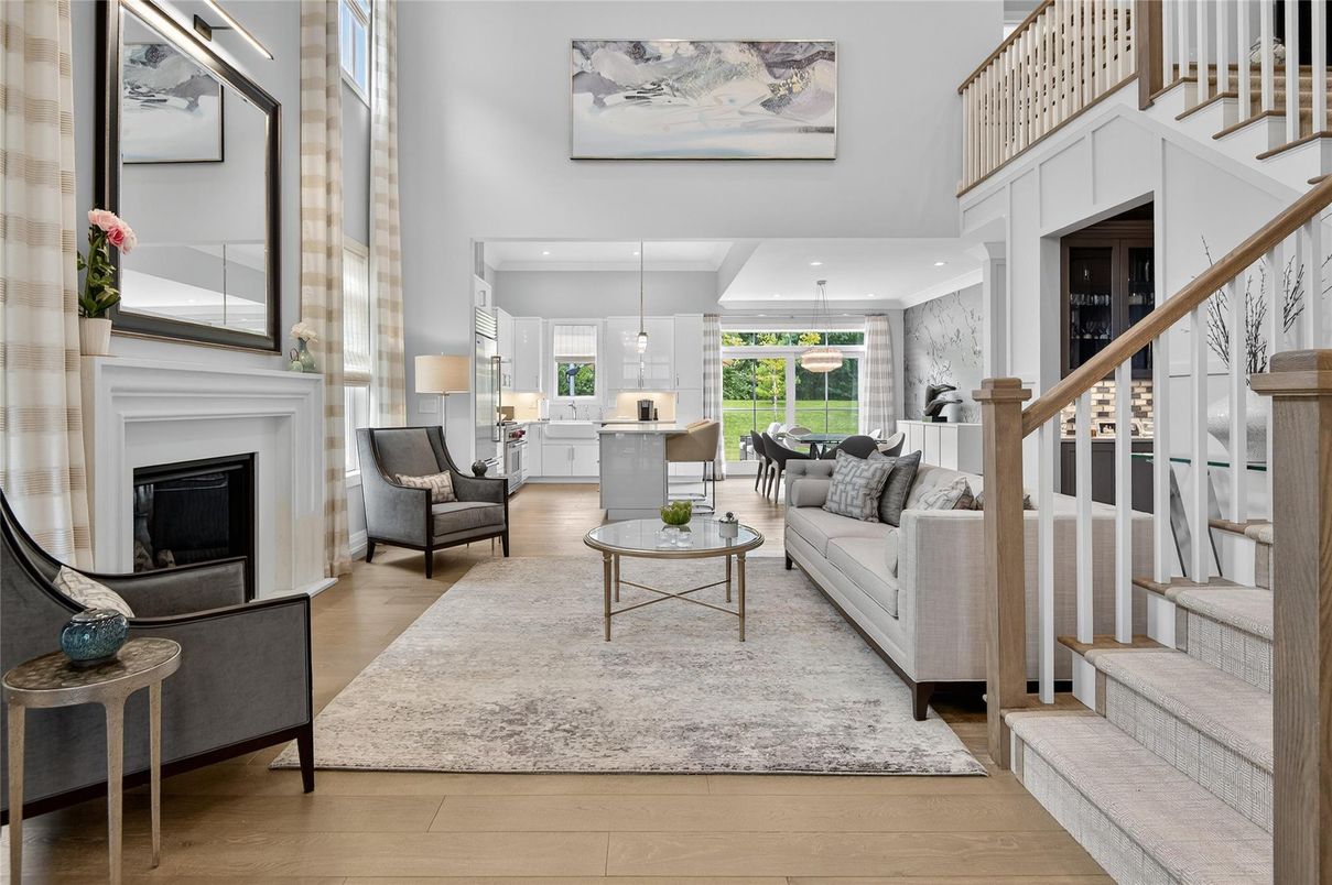 Dining room, Fireplace, Interior, Living room, Pendant Lights, Recessed Lighting, Wood Texture Flooring