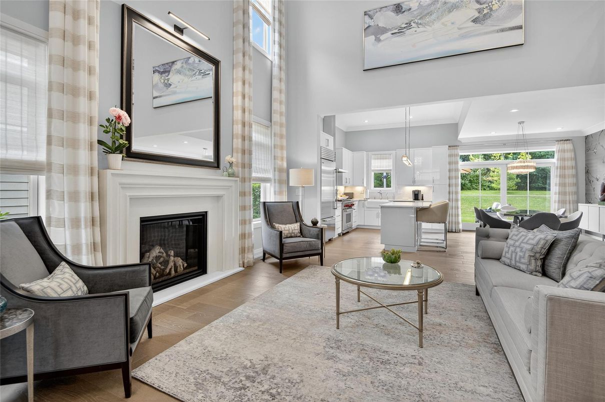 Dining room, Fireplace, Interior, Living room, Pendant Lights, Recessed Lighting, Wood Texture Flooring