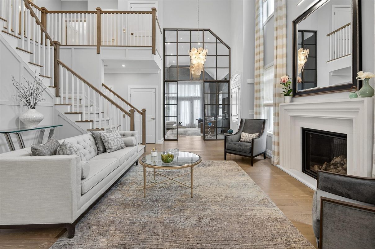 Chandelier, Fireplace, Interior, Living room, Pendant Lights, Recessed Lighting, Wood Texture Flooring