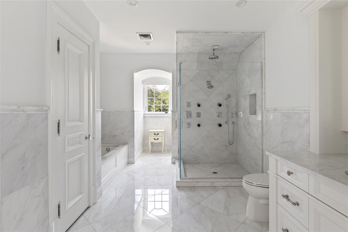 Bathroom, Glass Shower, Interior, Marble, Marble Walls, Recessed Lighting