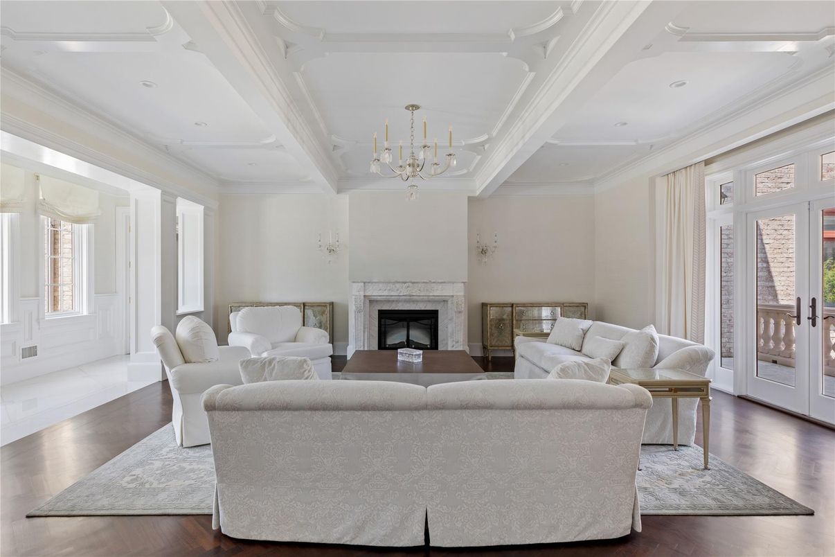 Chandelier, Fireplace, Interior, Living room, Recessed Lighting, Wood Texture Flooring
