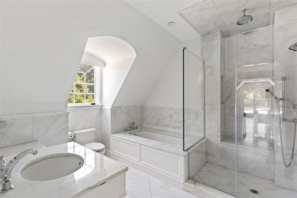 Bathroom, Glass Shower, Interior, Marble, Marble Walls, Recessed Lighting