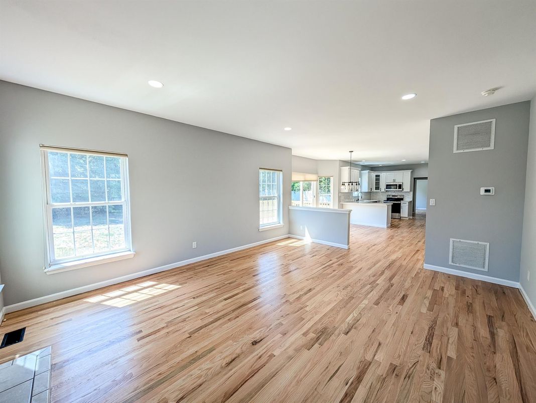 Empty room, Interior, Kitchen, Pendant Lights, Recessed Lighting, Wood Texture Flooring