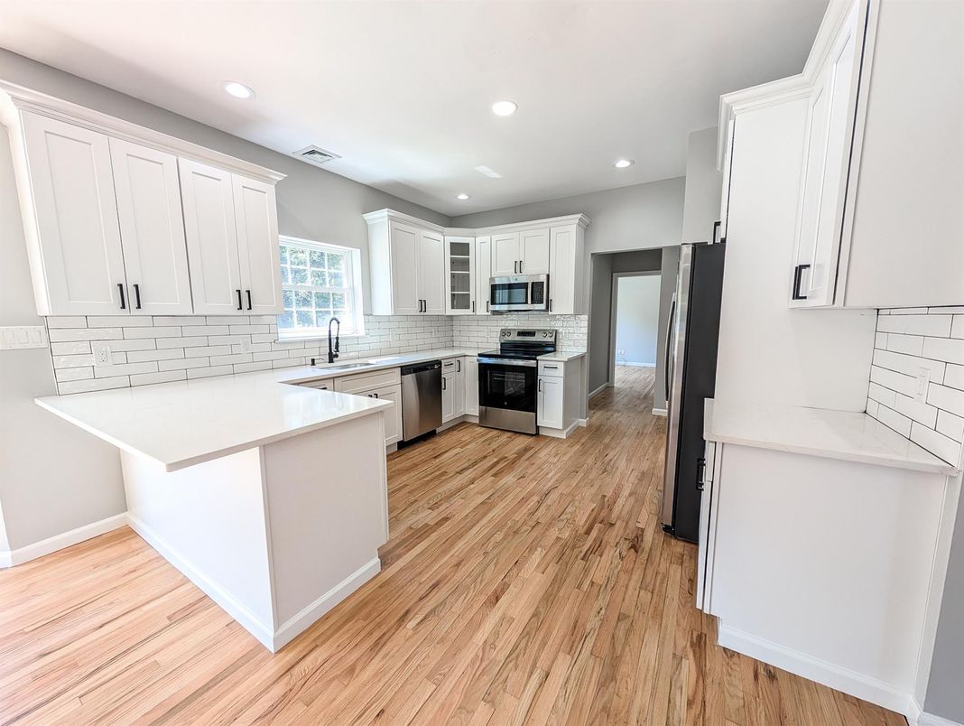 Interior, Kitchen, Recessed Lighting, Stainless Steel Appliances, Wood Texture Flooring