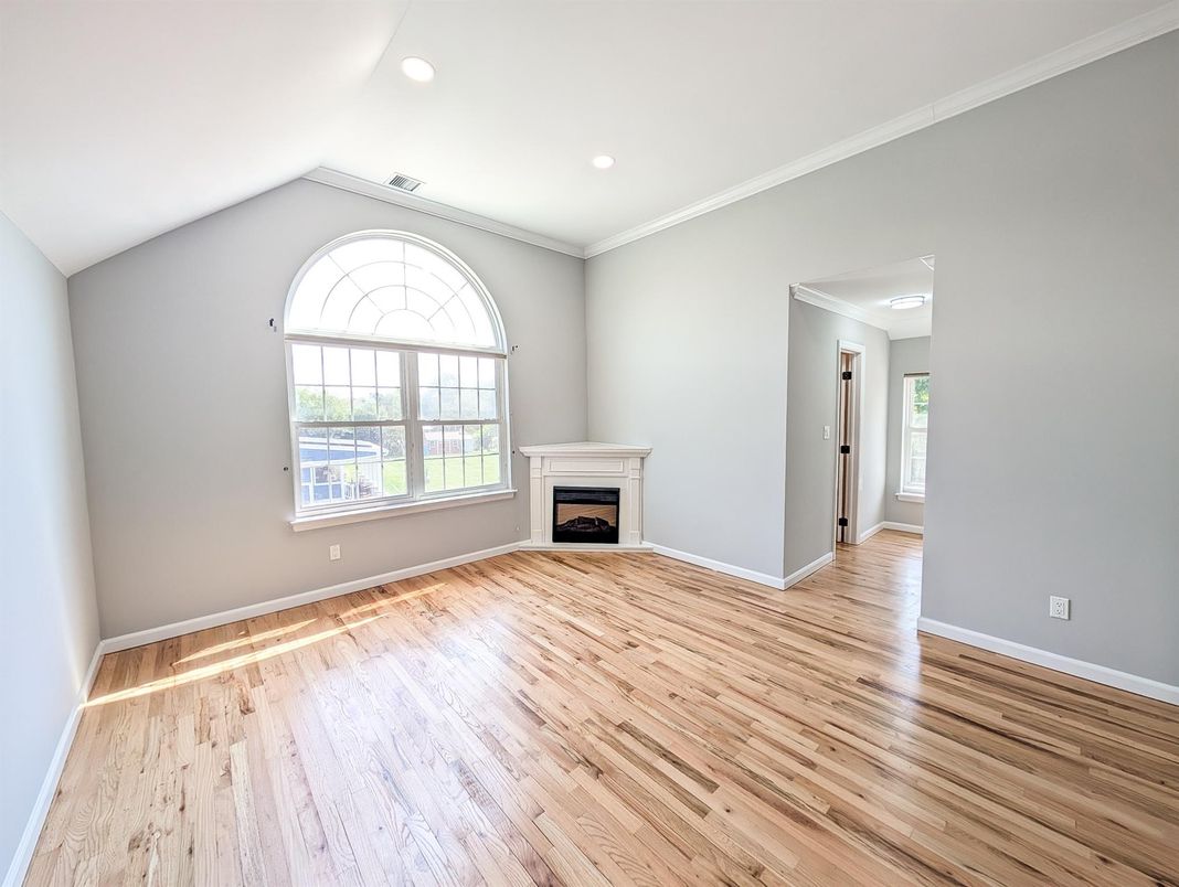 Empty room, Fireplace, Interior, Recessed Lighting, Wood Texture Flooring