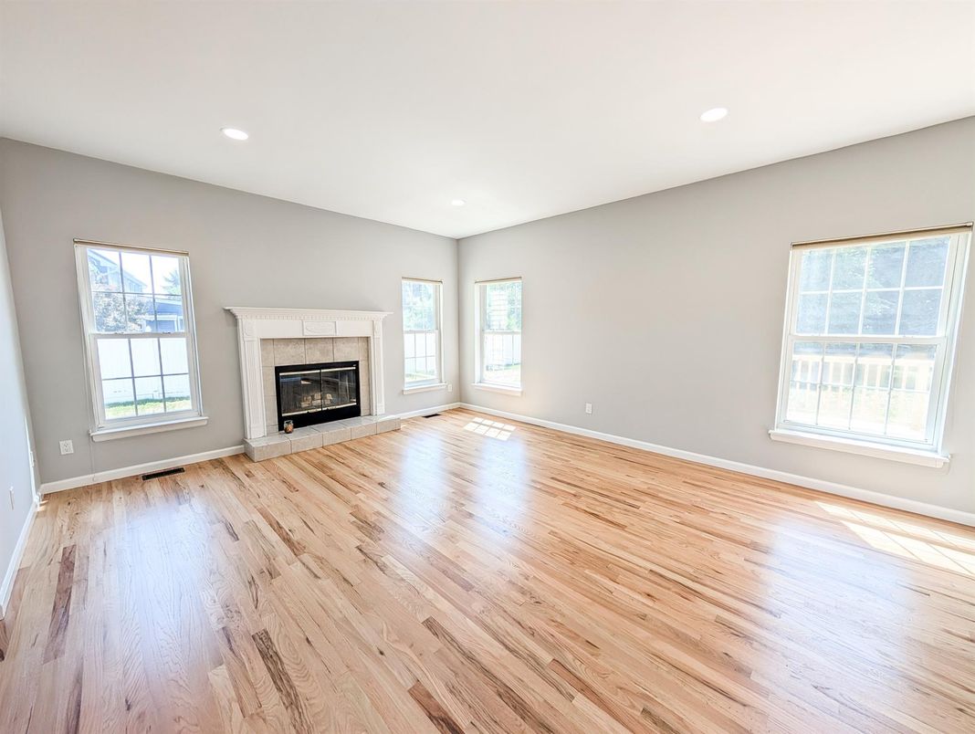 Empty room, Fireplace, Interior, Recessed Lighting, Wood Texture Flooring