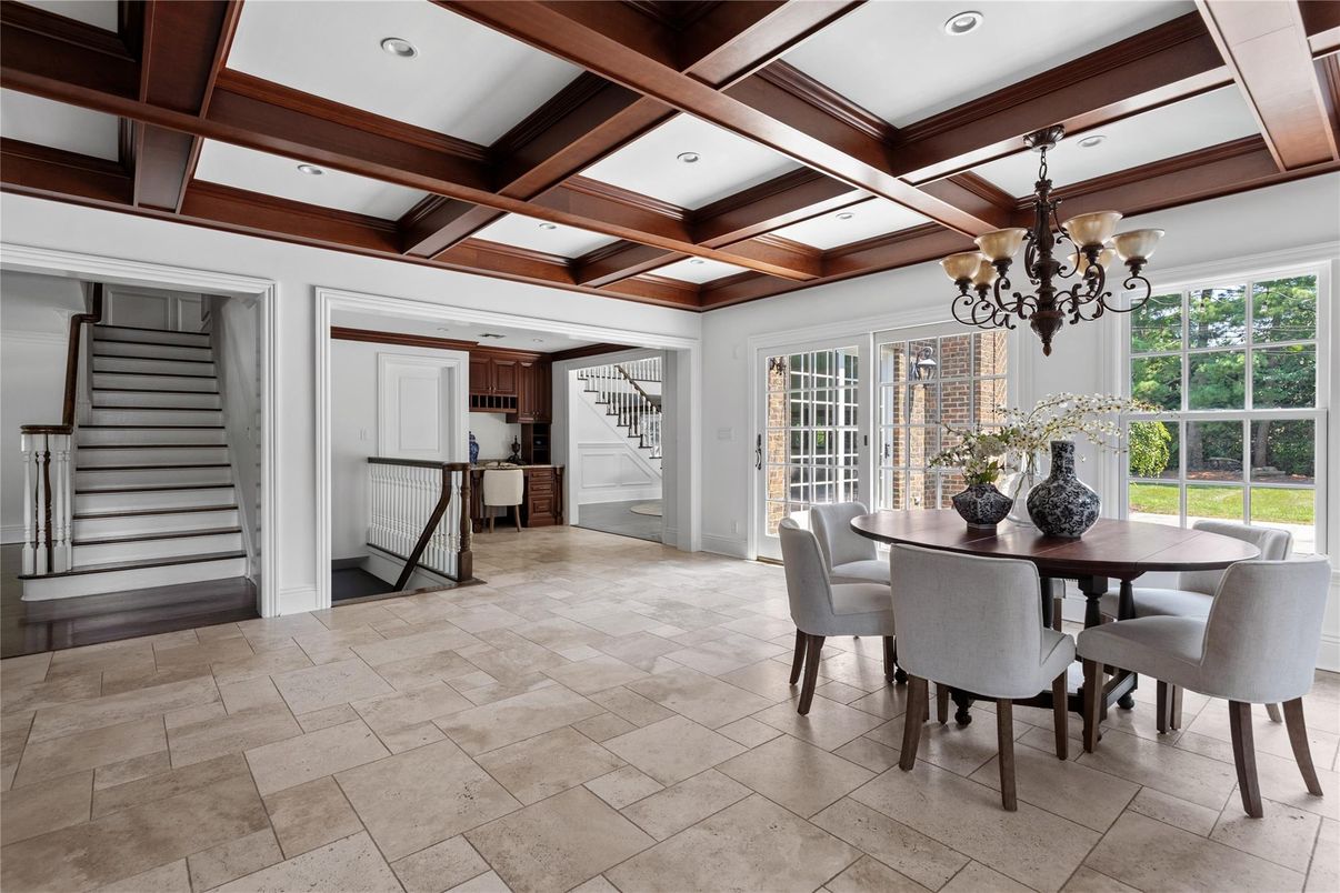 Chandelier, Dining room, Interior, Recessed Lighting, Wooden Beams