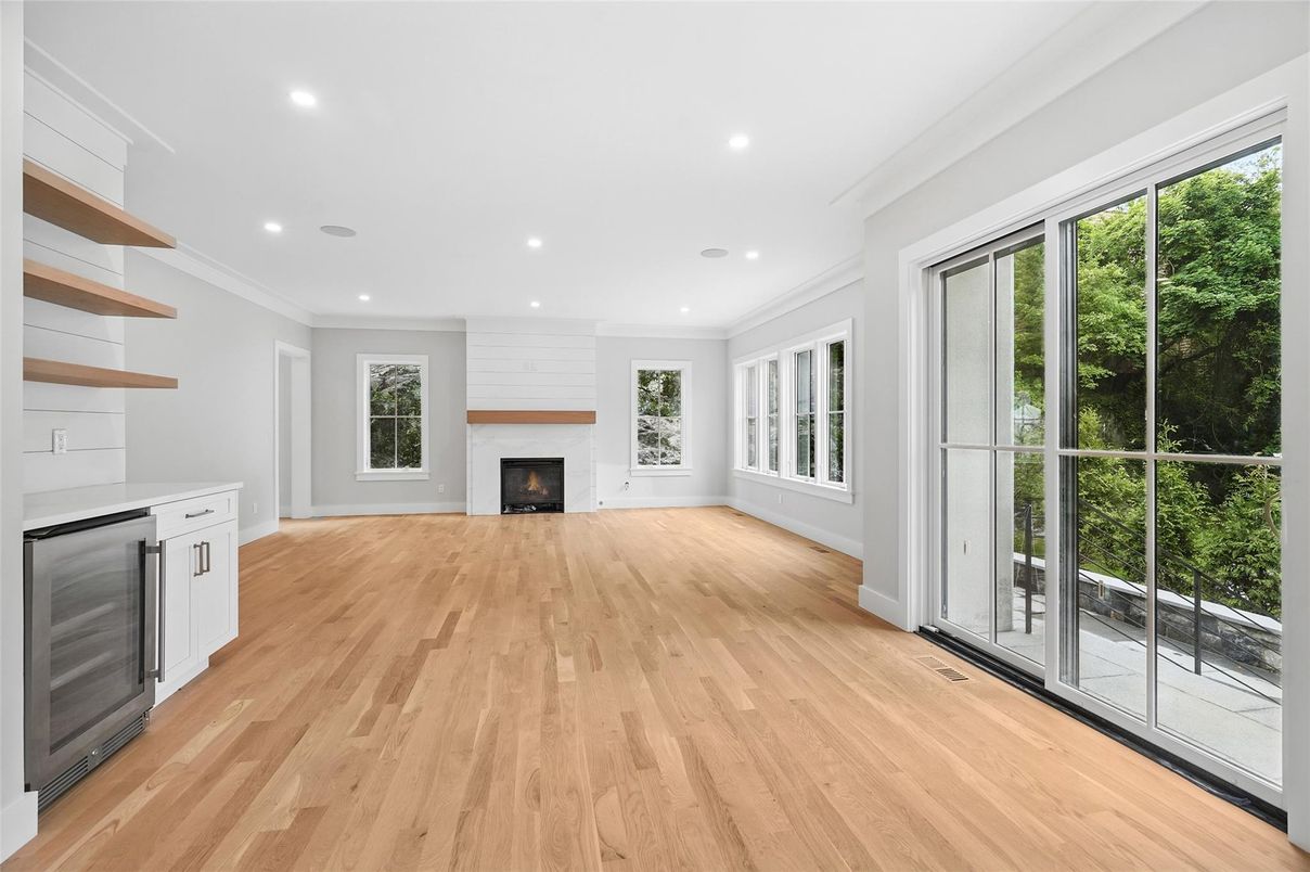 Empty room, Fireplace, Interior, Recessed Lighting, Wood Texture Flooring