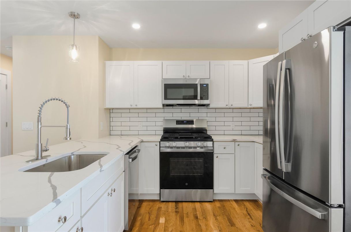 Interior, Kitchen, Pendant Lights, Recessed Lighting, Stainless Steel Appliances, Wood Texture Flooring