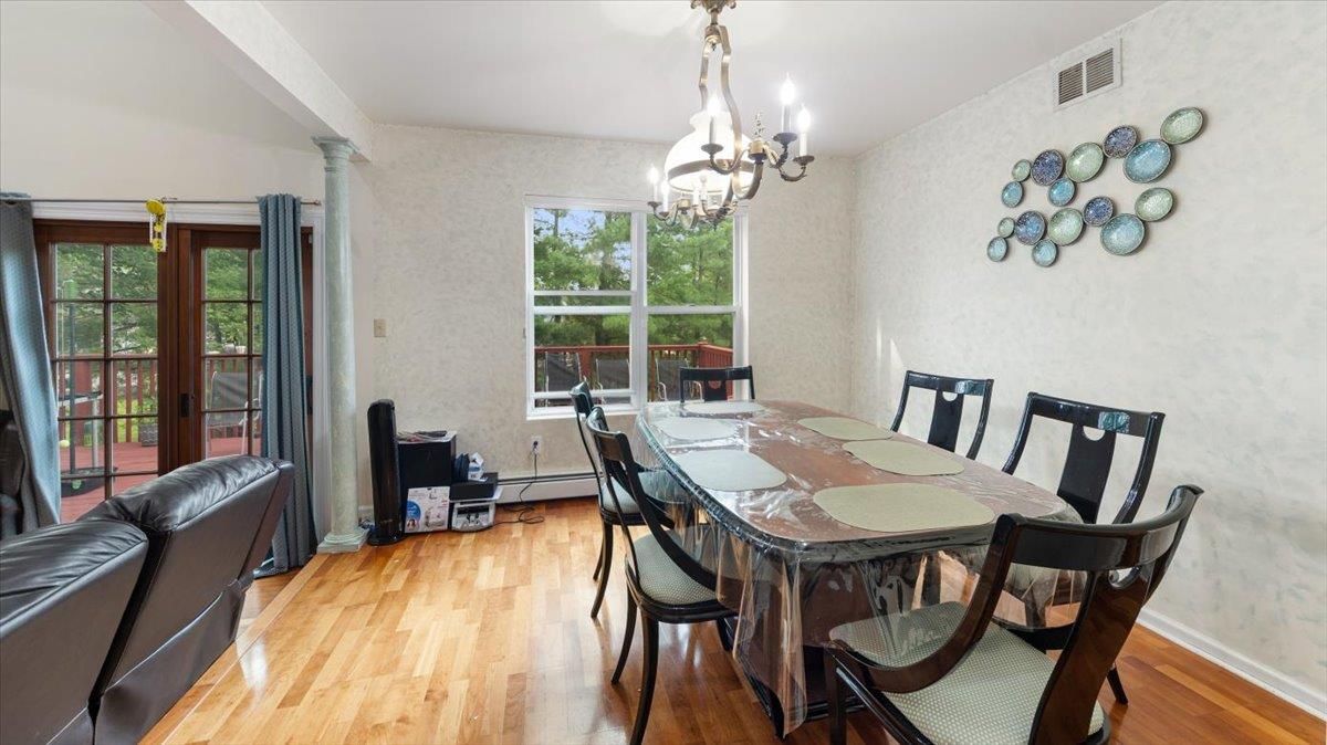 Chandelier, Dining room, Interior, Wood Texture Flooring