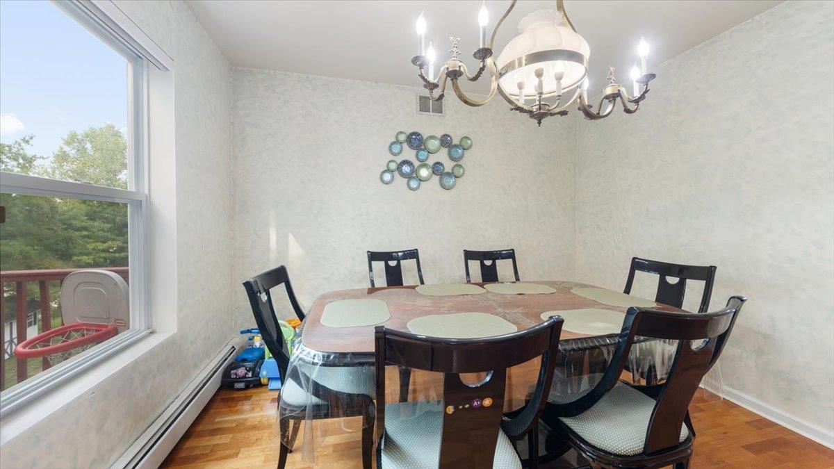 Chandelier, Dining room, Interior, Wood Texture Flooring