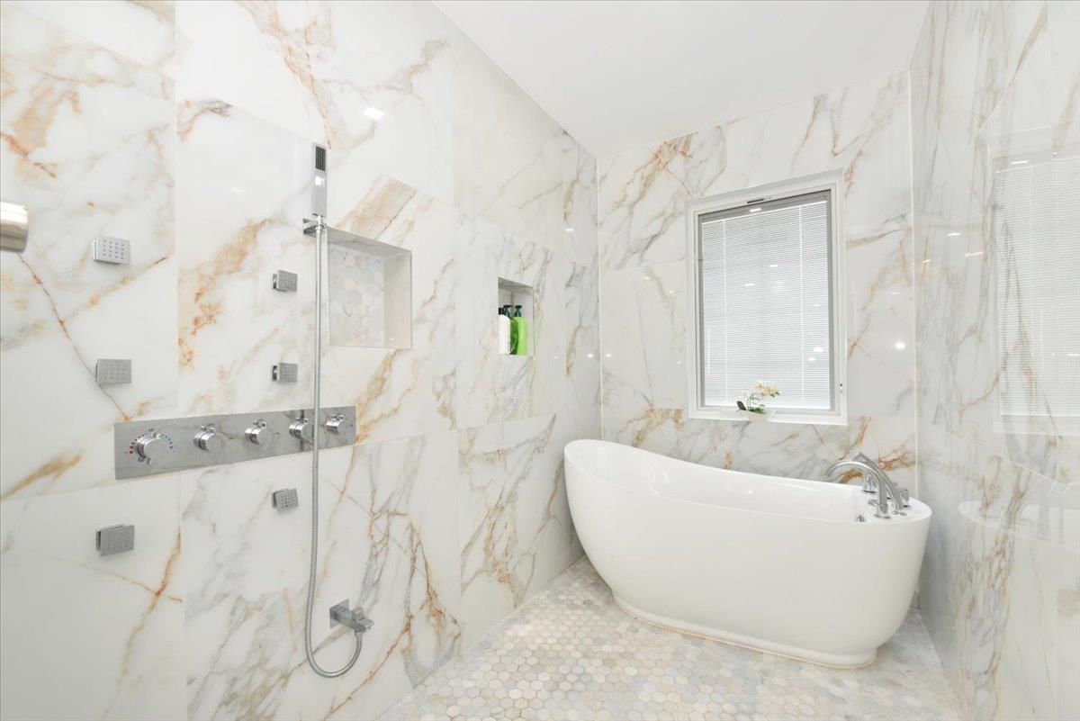Bathroom, Free Standing Baths, Glass Shower, Interior, Marble Walls