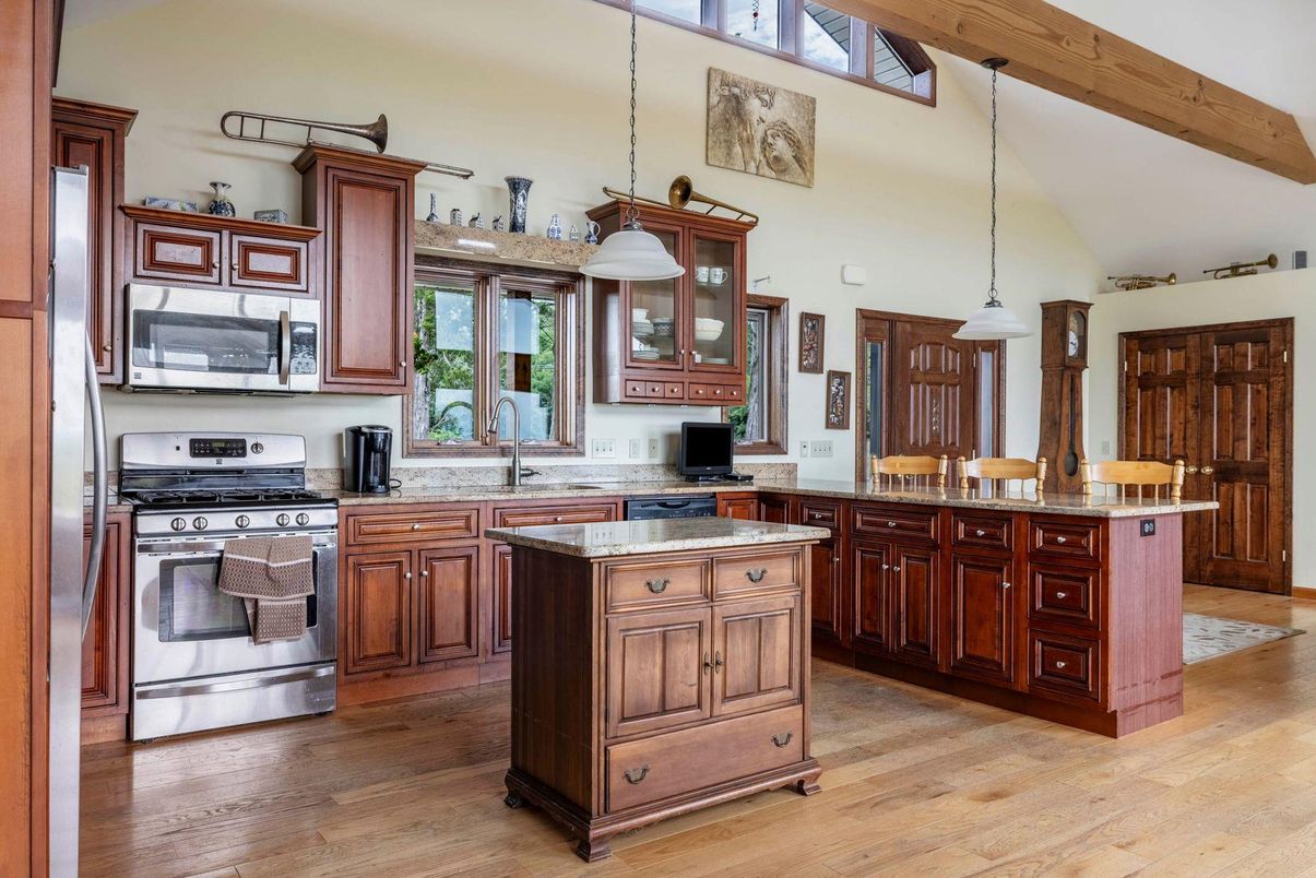 Interior, Kitchen, Pendant Lights, Stainless Steel Appliances, Wooden Beams, Wood Texture Flooring