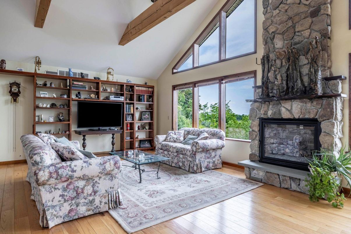Fireplace, Interior, Living room, Stone Walls, Wooden Beams, Wood Texture Flooring