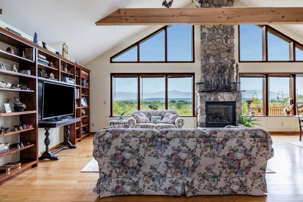 Fireplace, Interior, Living room, Stone Walls, Wooden Beams, Wood Texture Flooring