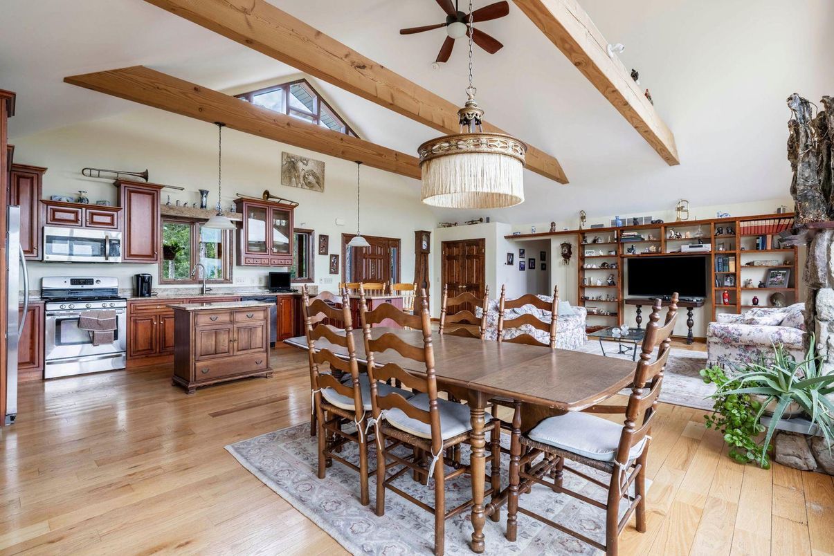 Dining room, Interior, Kitchen, Pendant Lights, Wooden Beams, Wood Texture Flooring