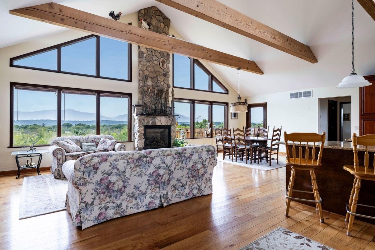 Dining room, Fireplace, Interior, Living room, Pendant Lights, Wooden Beams, Wood Texture Flooring