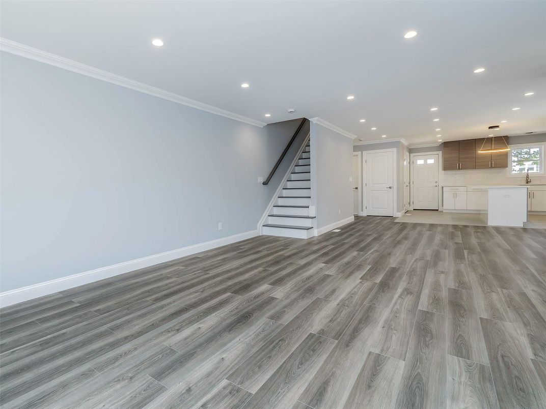 Empty room, Interior, Kitchen, Pendant Lights, Recessed Lighting, Wood Texture Flooring