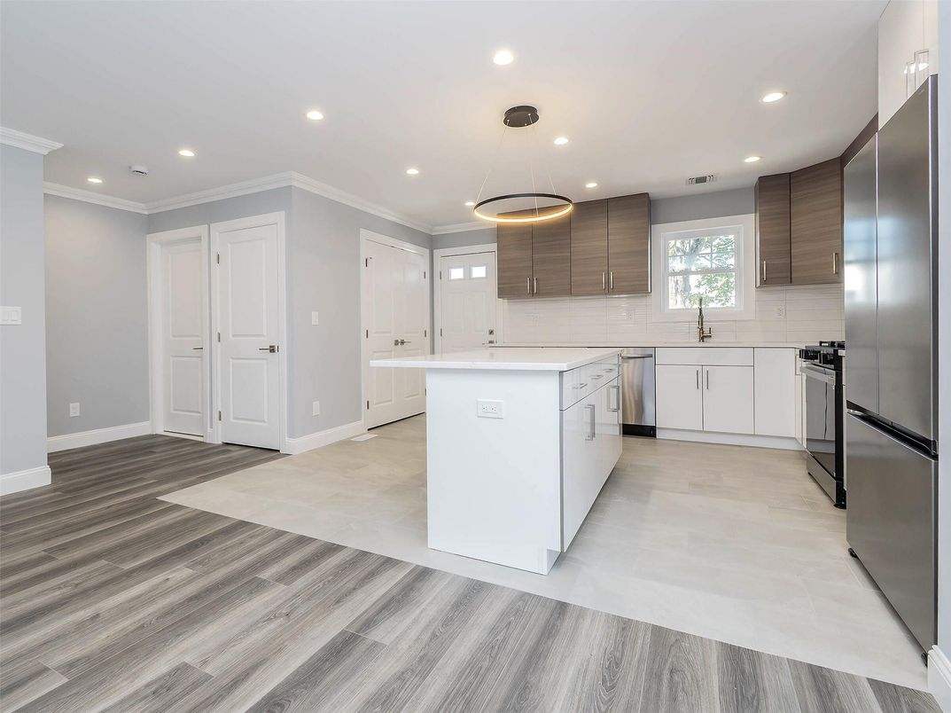 Interior, Kitchen, Pendant Lights, Recessed Lighting, Stainless Steel Appliances, Wood Texture Flooring