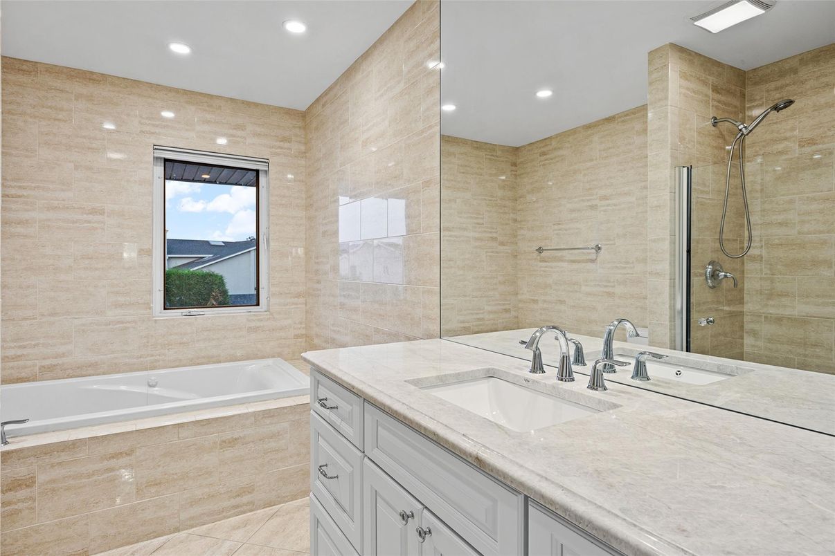 Bathroom, Dual Sink Vanities, Glass Shower, Interior, Recessed Lighting
