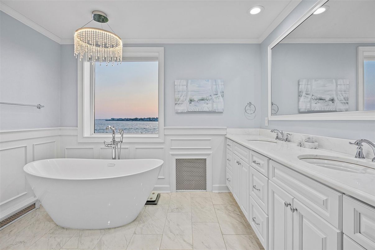 Bathroom, Chandelier, Dual Sink Vanities, Free Standing Baths, Interior, Marble, Recessed Lighting, Water