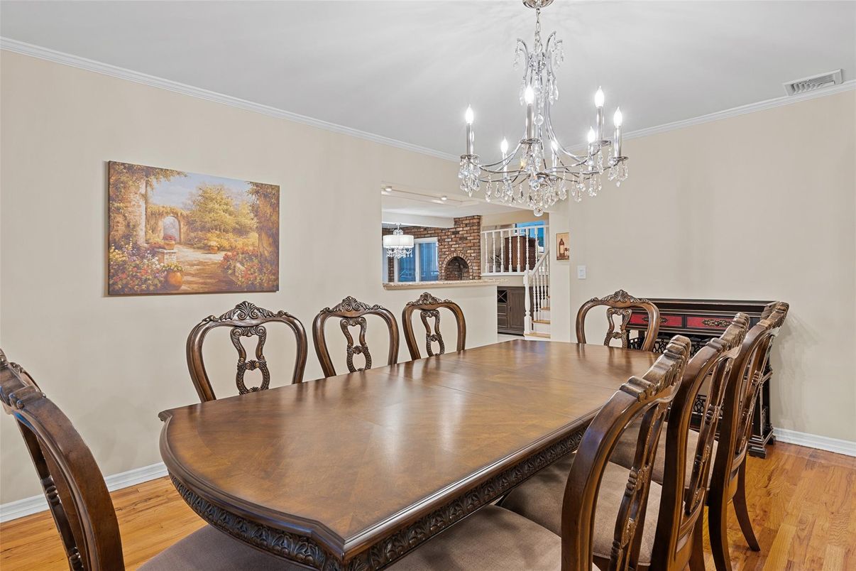 Chandelier, Dining room, Fireplace, Interior, Stone Walls, Wood Texture Flooring