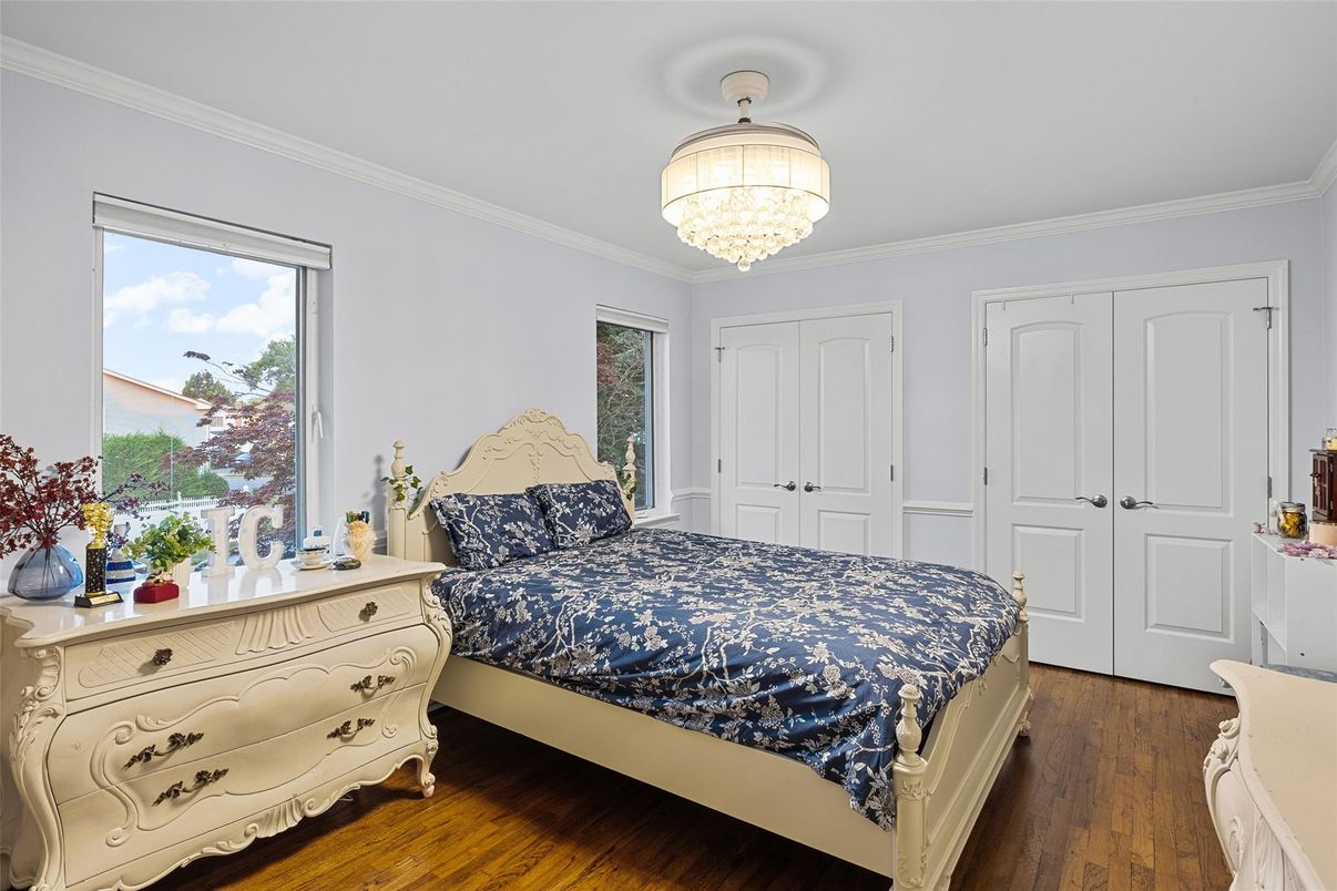 Bedroom, Chandelier, Interior, Wood Texture Flooring