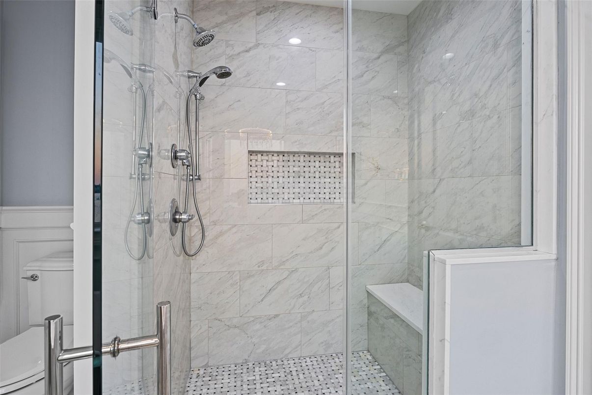 Bathroom, Glass Shower, Interior, Marble Walls, Recessed Lighting