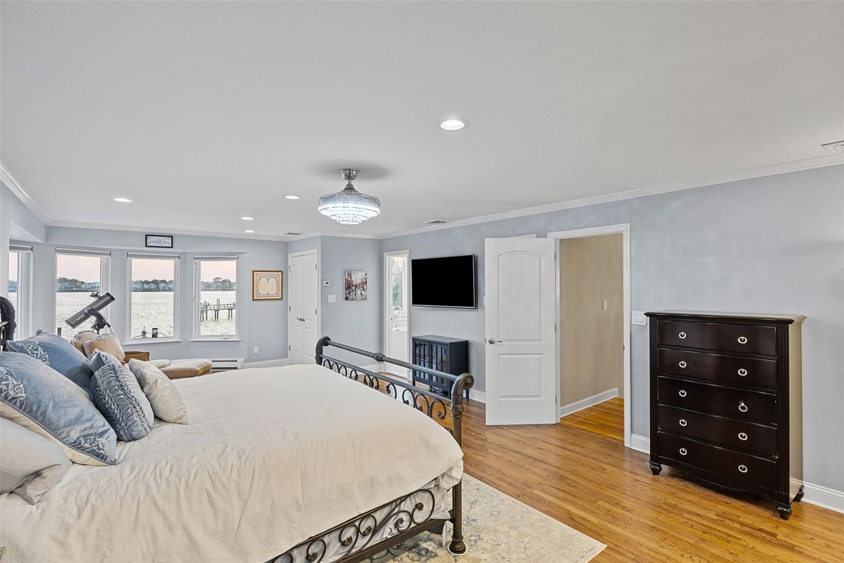 Bedroom, Chandelier, Interior, Recessed Lighting, Wood Texture Flooring