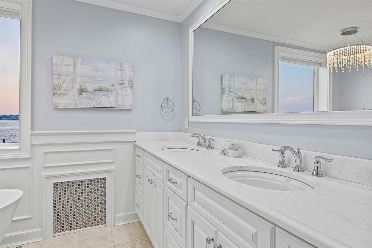 Bathroom, Chandelier, Dual Sink Vanities, Interior, Marble, Water