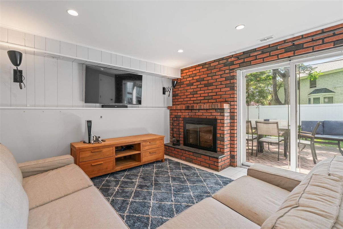 Fireplace, Interior, Living room, Recessed Lighting, Stone Walls