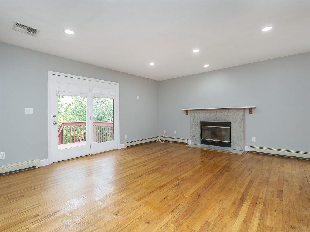Empty room, Fireplace, Interior, Recessed Lighting, Wood Texture Flooring