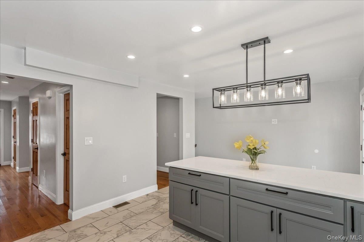 Interior, Kitchen, Marble, Pendant Lights, Recessed Lighting, Wood Texture Flooring