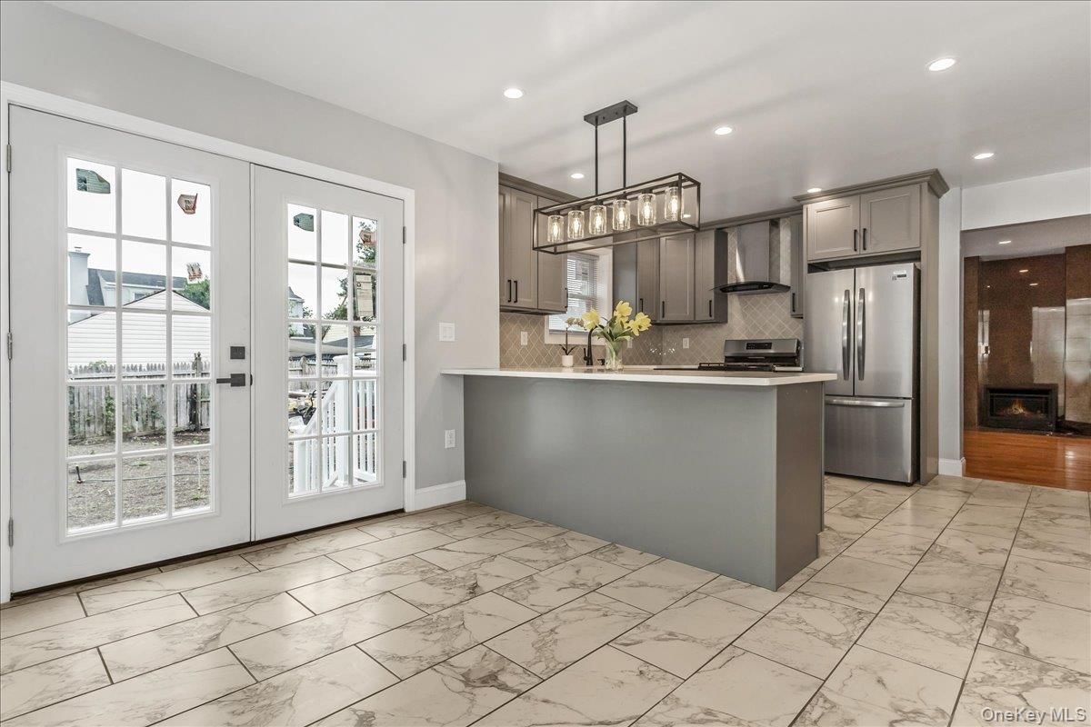 Interior, Kitchen, Marble, Pendant Lights, Recessed Lighting, Stainless Steel Appliances