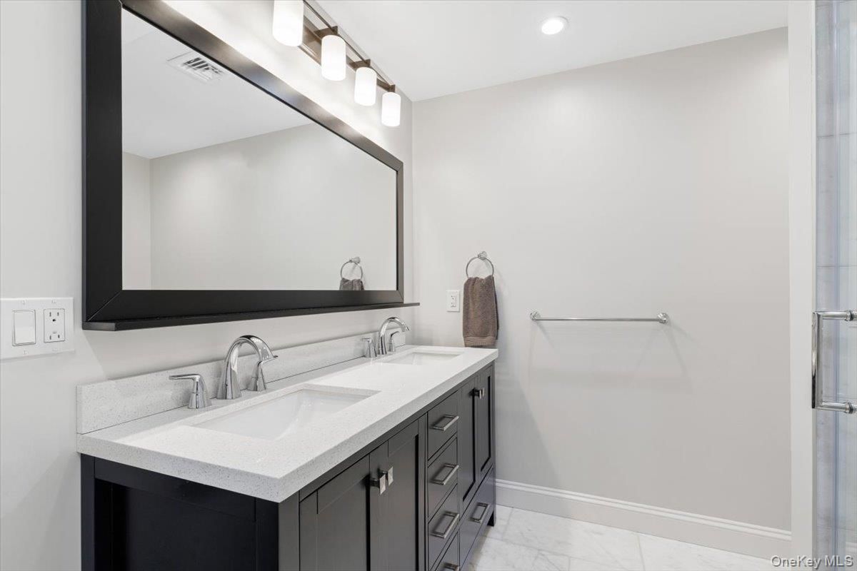 Bathroom, Dual Sink Vanities, Interior, Marble, Recessed Lighting