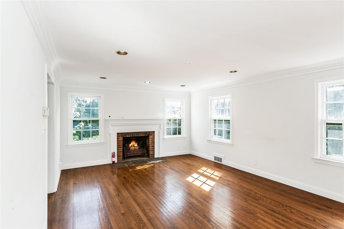 Empty room, Fireplace, Interior, Recessed Lighting, Wood Texture Flooring