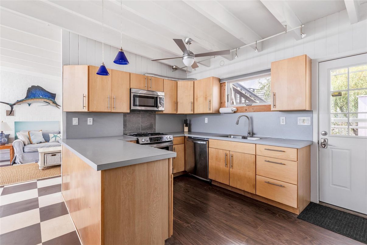 Interior, Kitchen, Pendant Lights, Stainless Steel Appliances, Wood Texture Flooring