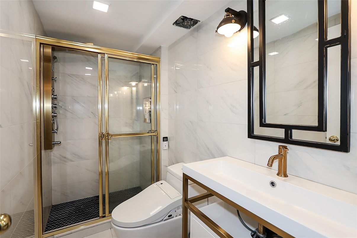 Bathroom, Glass Shower, Interior, Marble Walls, Recessed Lighting