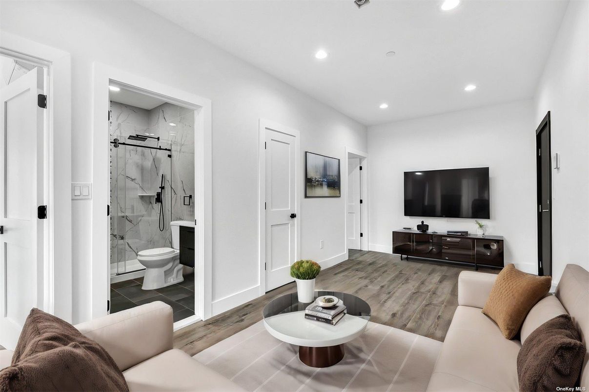 Bathroom, Glass Shower, Interior, Living room, Marble Walls, Recessed Lighting, Wood Texture Flooring