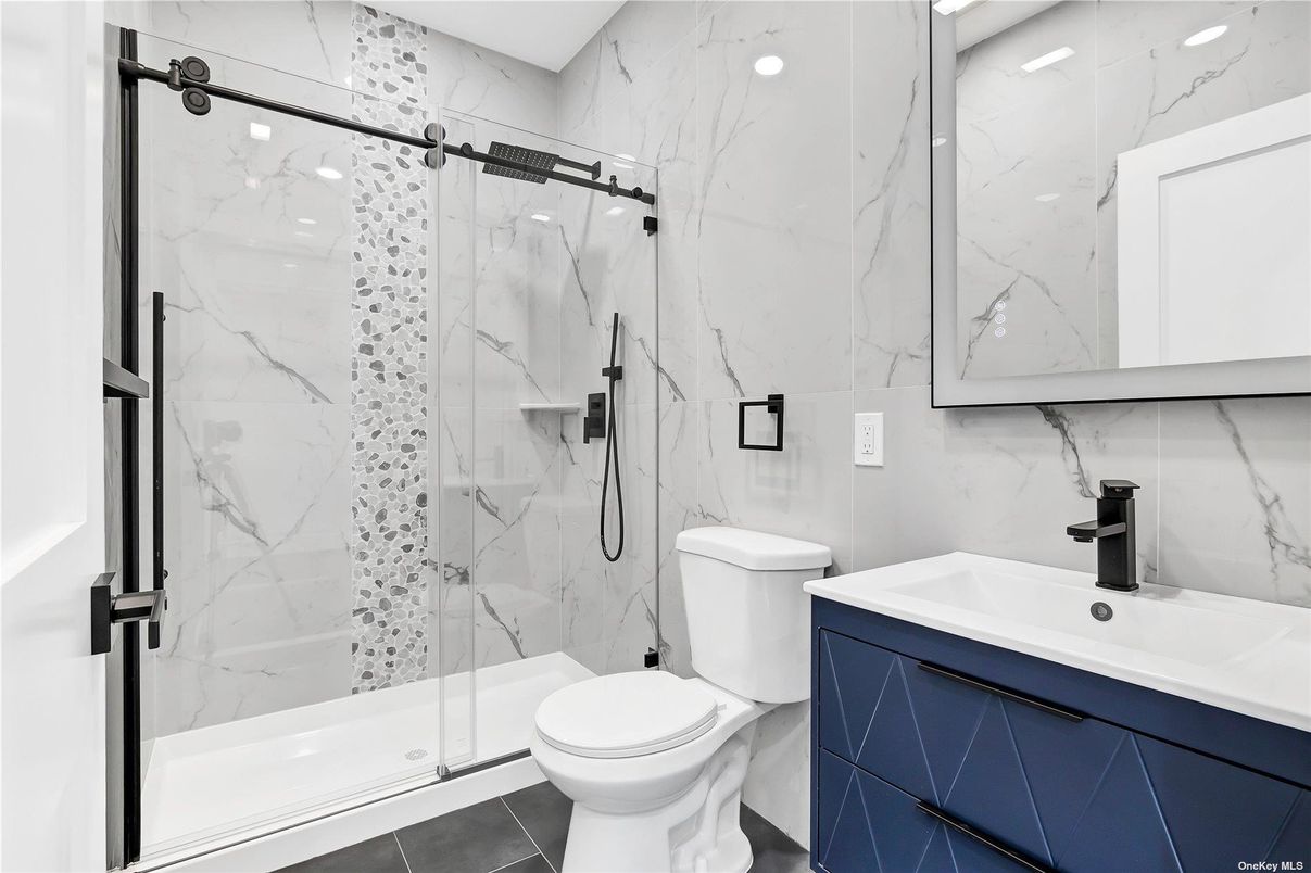 Bathroom, Glass Shower, Interior, Marble Walls, Recessed Lighting