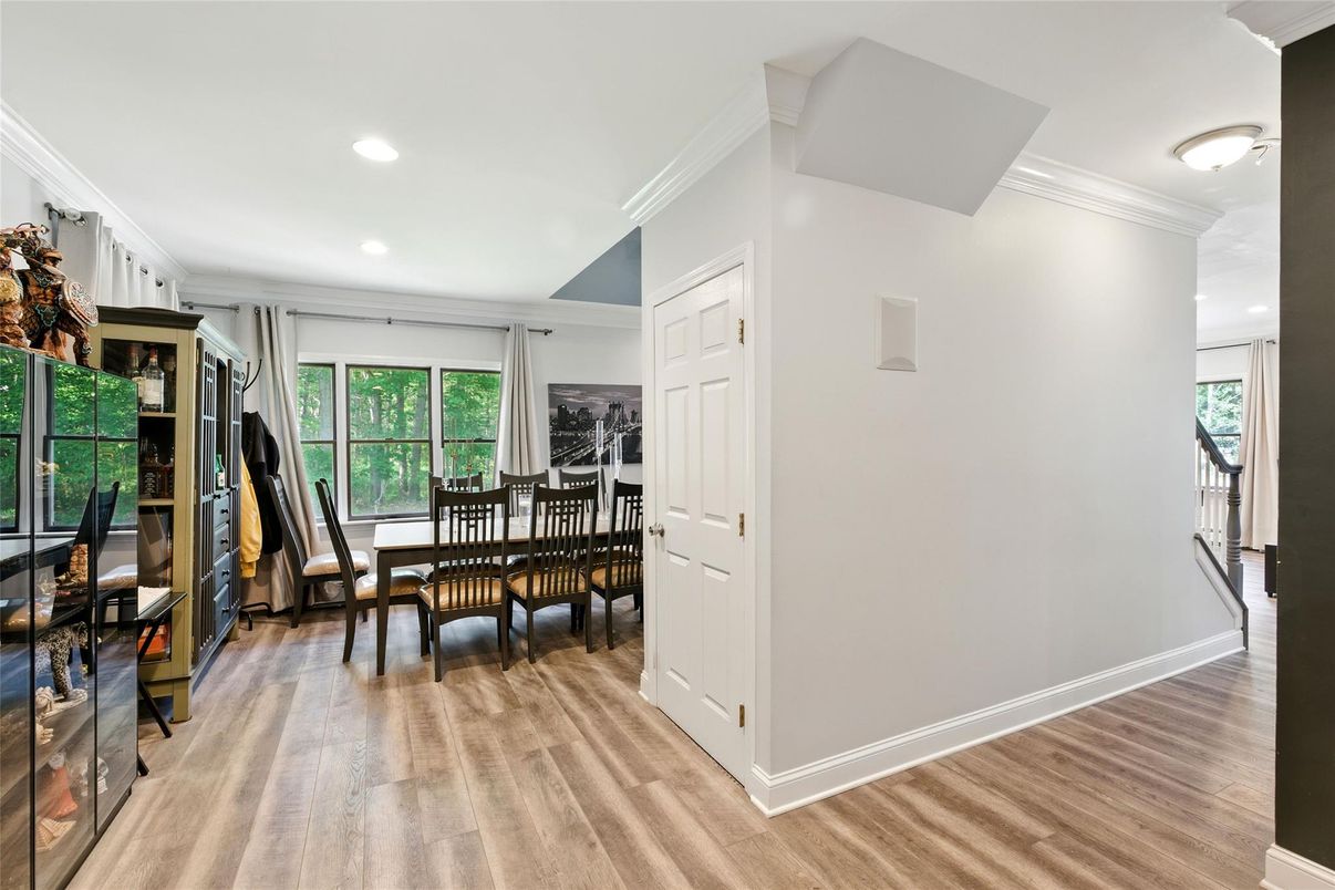 Dining room, Interior, Recessed Lighting, Wood Texture Flooring