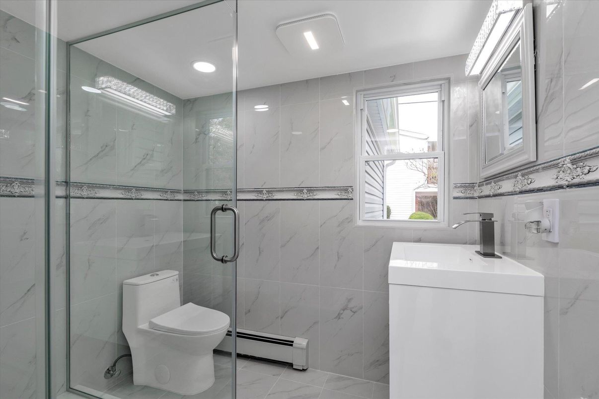 Bathroom, Glass Shower, Interior, Marble, Marble Walls, Recessed Lighting