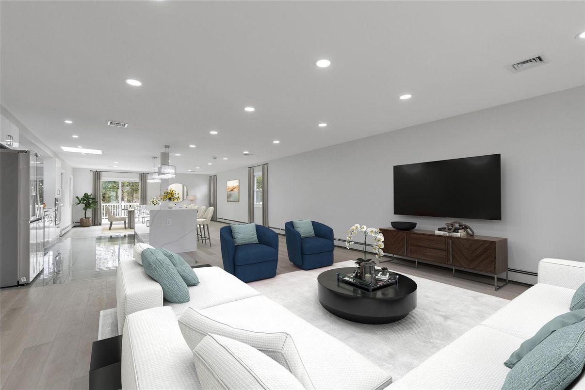 Dining room, Interior, Living room, Pendant Lights, Recessed Lighting, Wood Texture Flooring