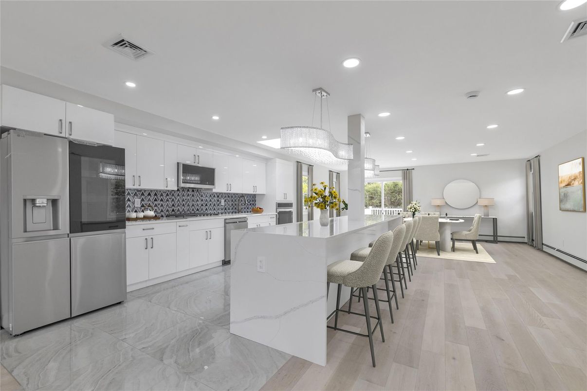 Chandelier, Interior, Kitchen, Marble, Recessed Lighting, Stainless Steel Appliances, Wood Texture Flooring