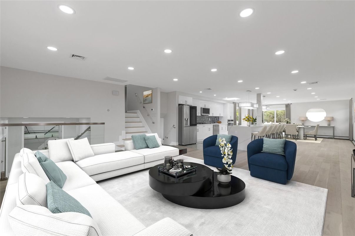 Dining room, Interior, Kitchen, Living room, Pendant Lights, Recessed Lighting, Stainless Steel Appliances, Wood Texture Flooring