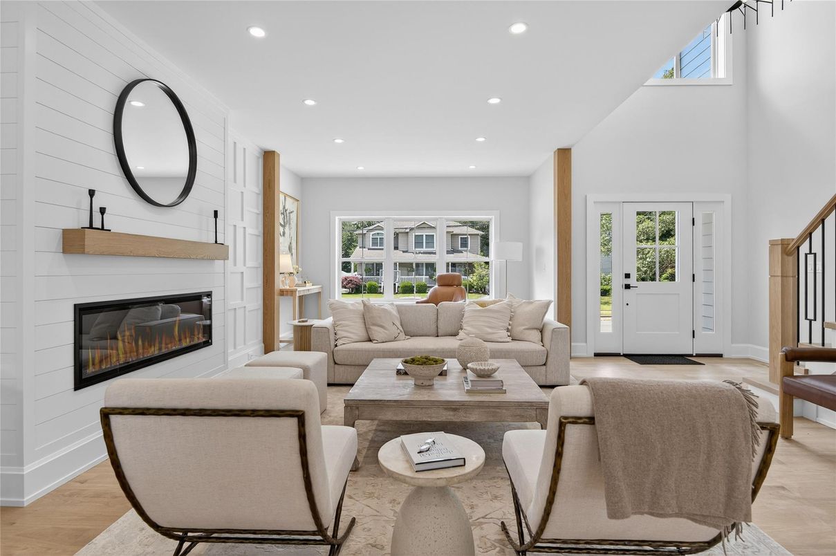 Fireplace, Interior, Living room, Recessed Lighting, Wood Texture Flooring